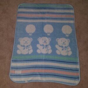 VTG Blue Baby Blanket Lovey Welcome Home Teddy Bear Santonja Acrylic Blend